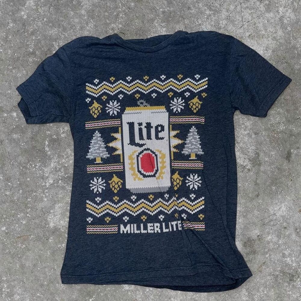Miller Lite Ugly Christmas Beer Graphic T-Shirt Navy Blue Size M Casual